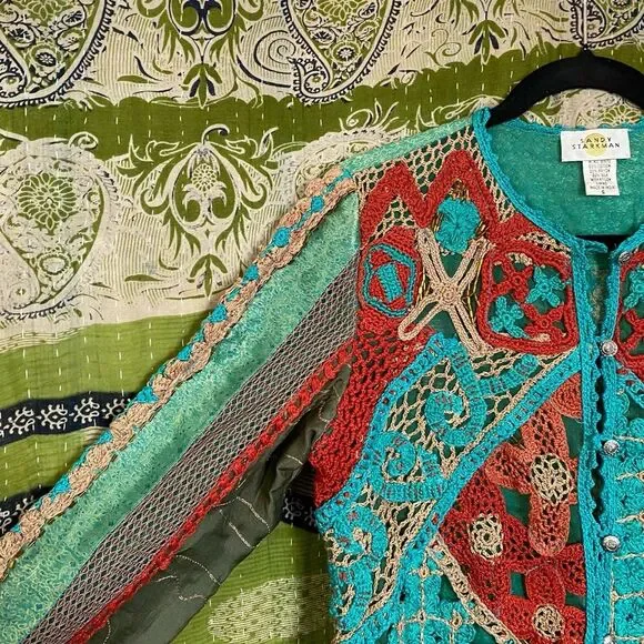 Rare Vintage Sandy Starkman Aqua Patchwork/ Embroidered Boho Cardigan Size Small - Picture 6 of 15
